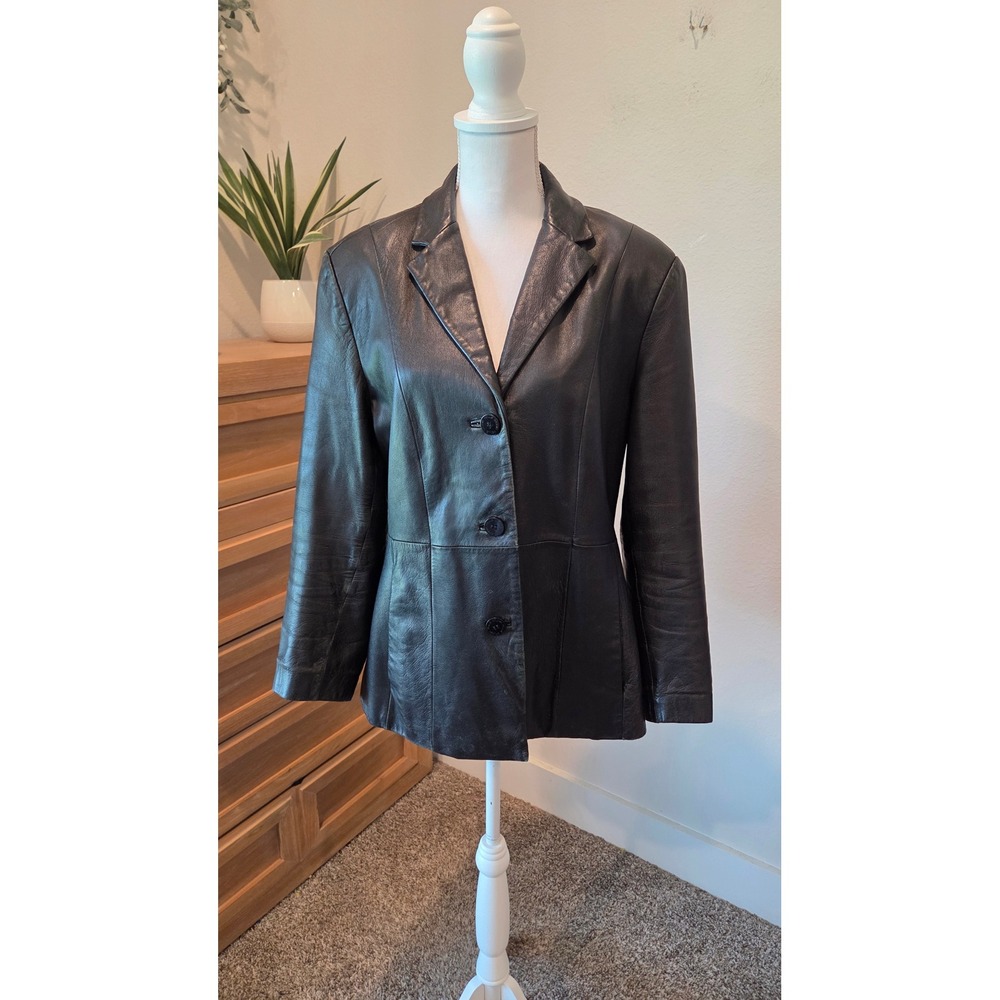 Wilsons Leather Pelle Studio Blazer Tailored 3-Button Jacket Black 90s Goth L